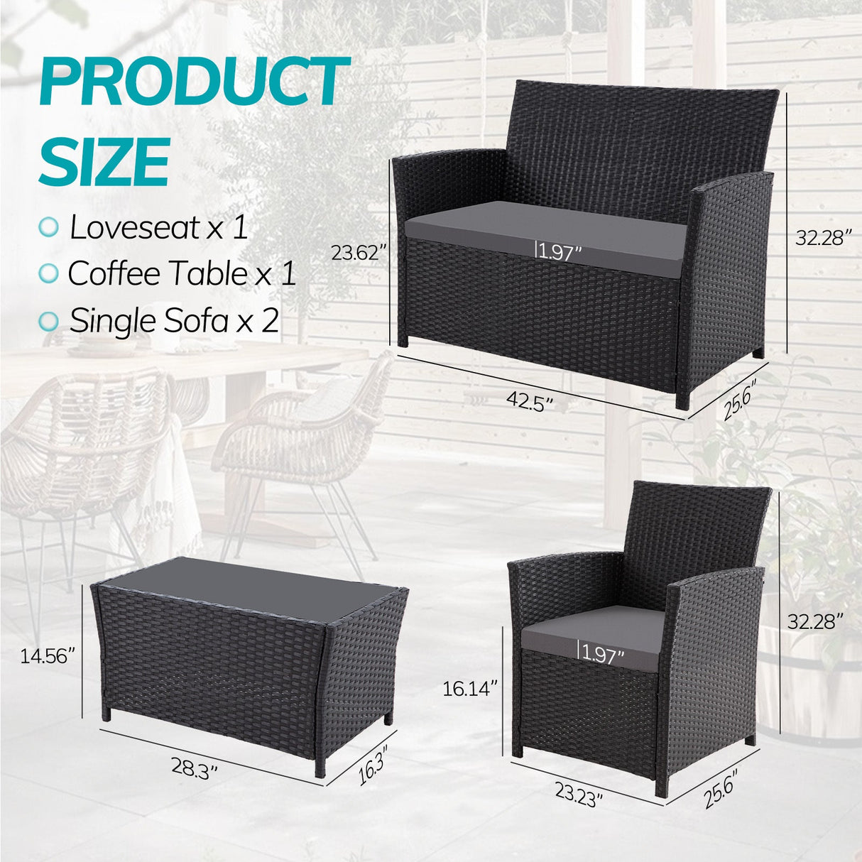 4 Piece All-Weather Rattan Outdoor Sectional Set with Cushions