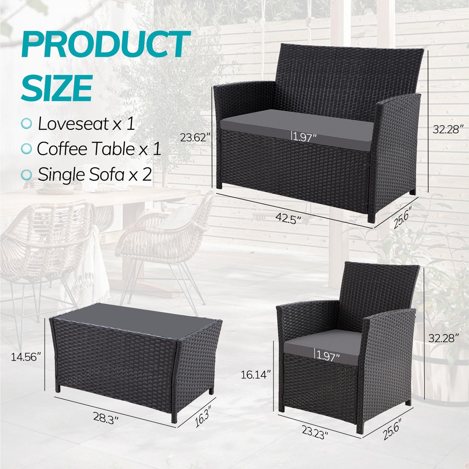 4 Piece All-Weather Rattan Outdoor Sectional Set with Cushions