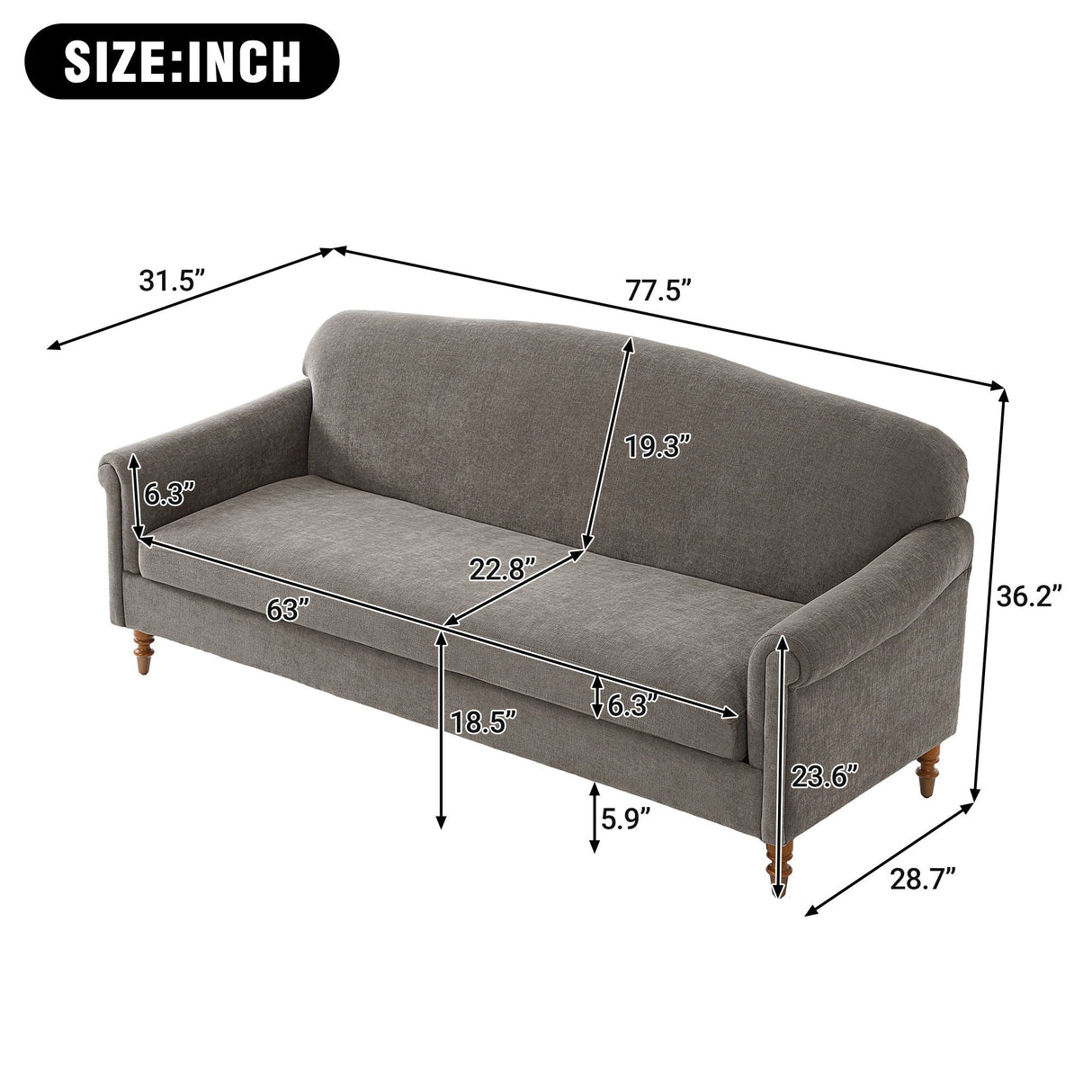 Loveseat Sofa with Rolled Arm for Living Room - Brown