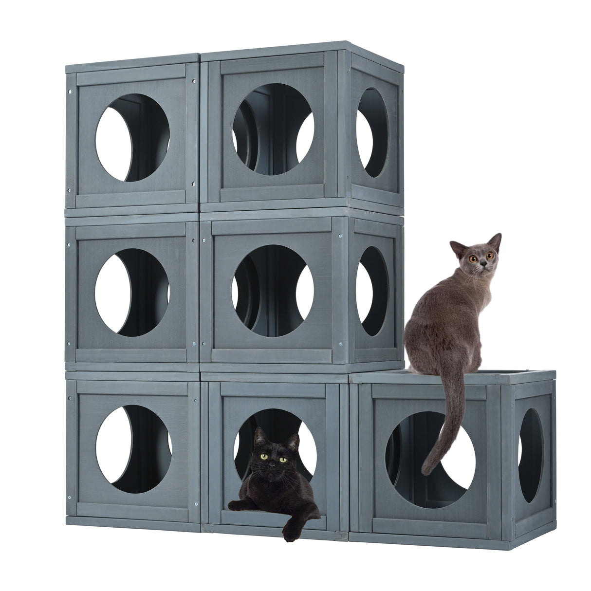 Grey Pine Wood Outdoor Cat House with Shelves and Weather Protection