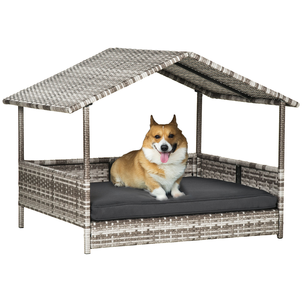 Wicker Dog House Outdoor with Canopy, Rattan Dog Bed with Water-resistant Cushion