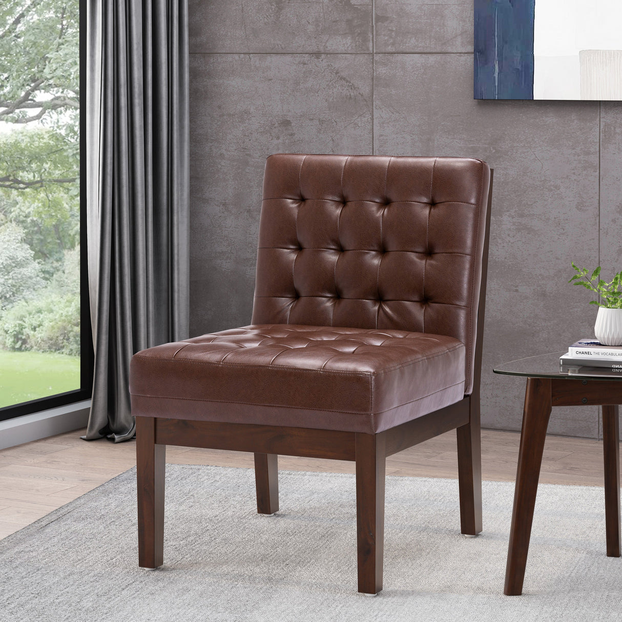 Contemporary Dark Brown Accent Chair with Tufted Waffle Stitch and PU Upholstery