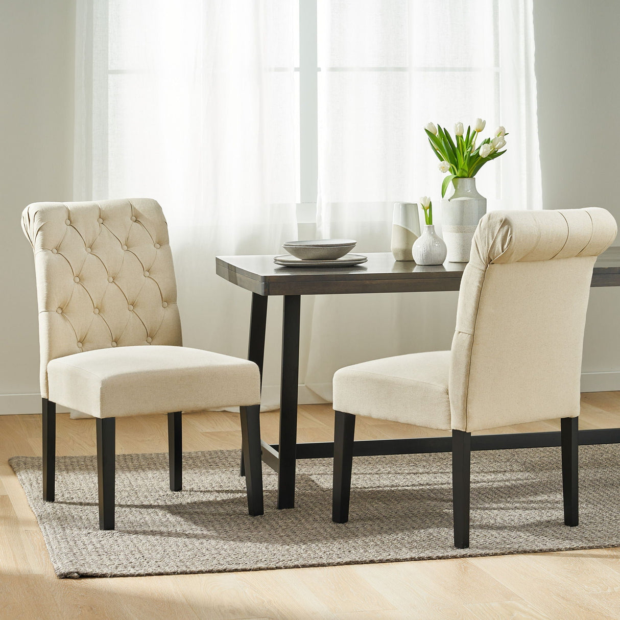 Dining Rolltop Chairs (Set of 2) - Upholstered Armless Chair with Wood Legs in Ivory
