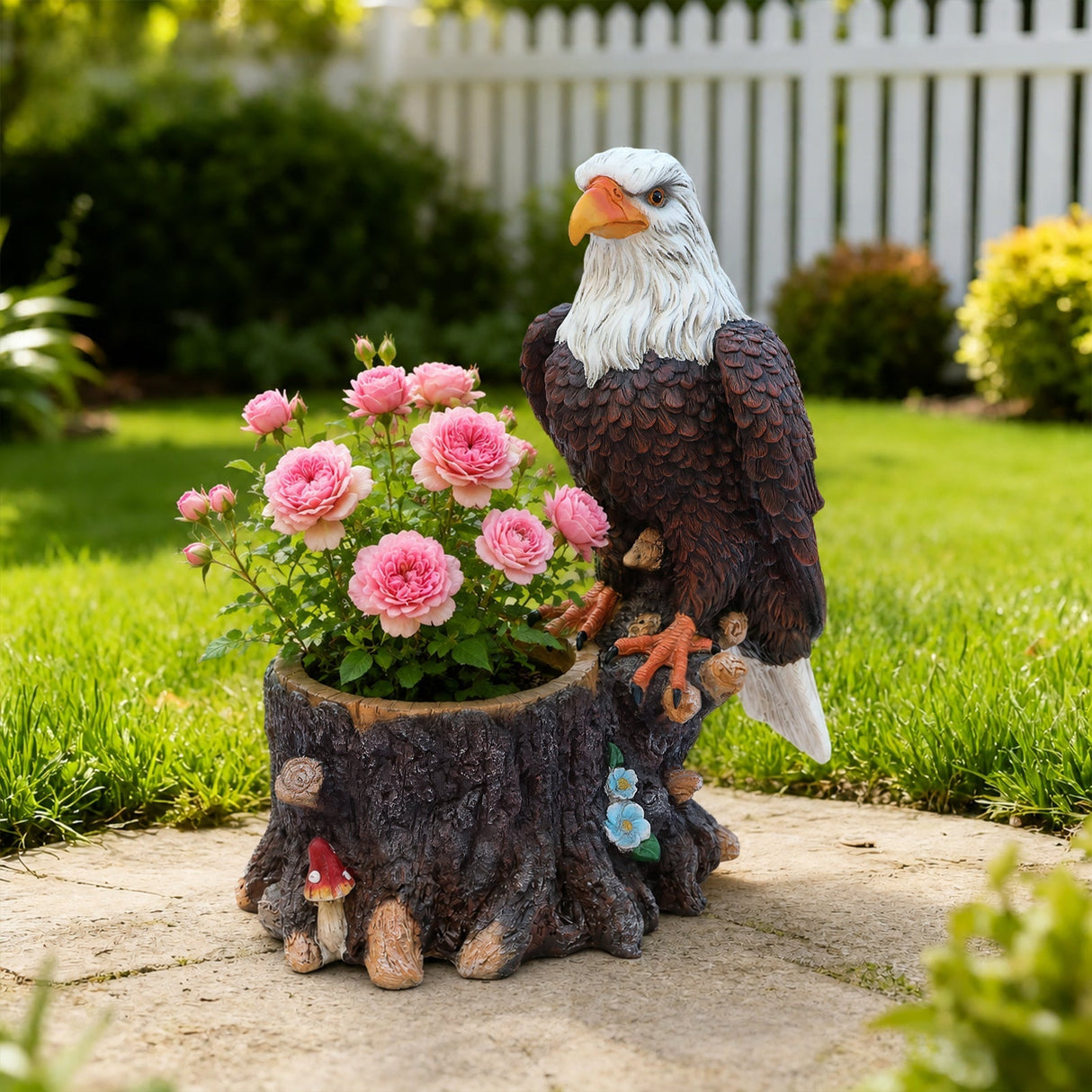 Realistic Standing Eagle Garden Planter on Tree Stump