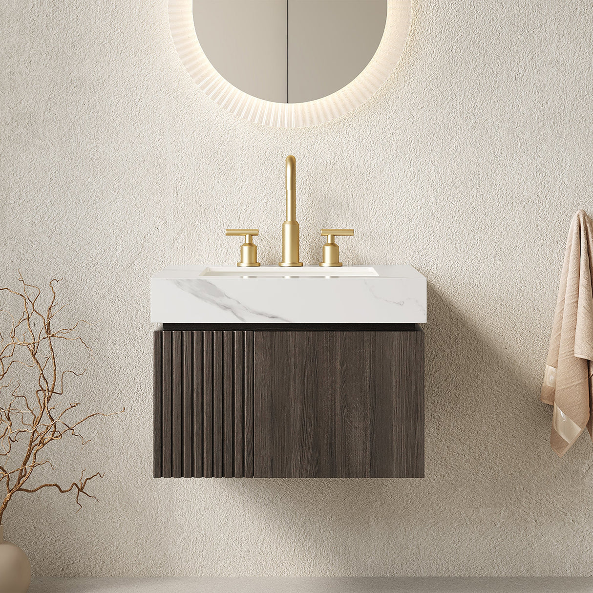 MURI 24" Bathroom Vanity & Sink, Floating Plywood Storage Cabinet with 2 Doors, Carrara