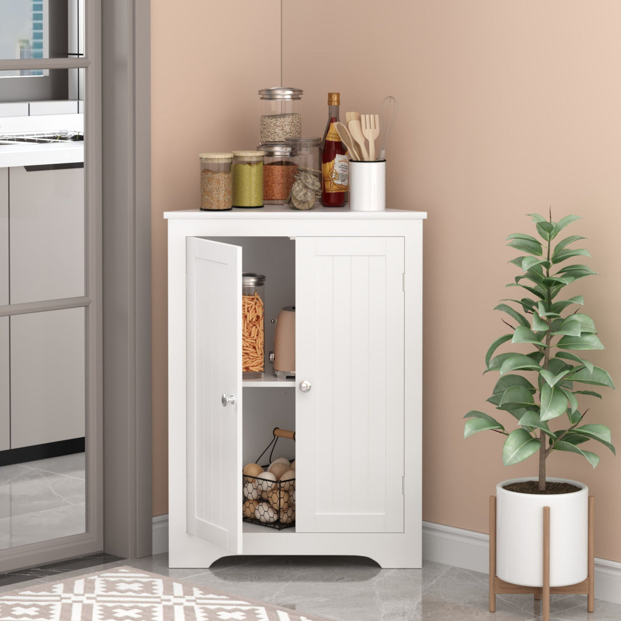 Corner Cabinet With 2 Doors And Adjustable Shelves, Freestanding Narrow Storage Organizer For Bathroom - White