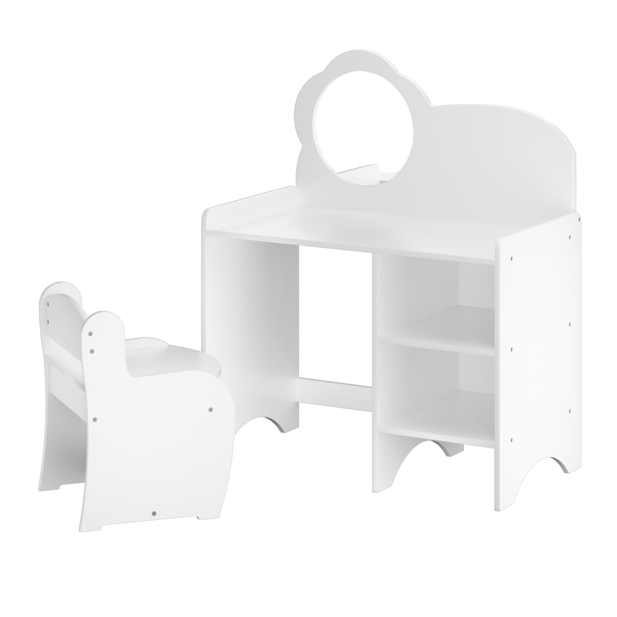 Kids Vanity Table with Mirror and Chair with Storage Shelves - White