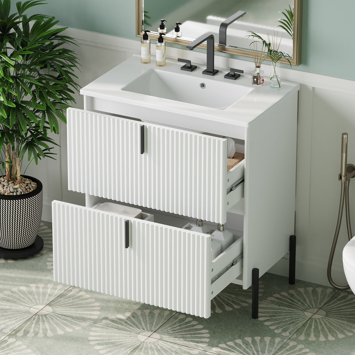 White Fluted Bathroom Vanity with Ceramic Sink and Soft Close Drawers