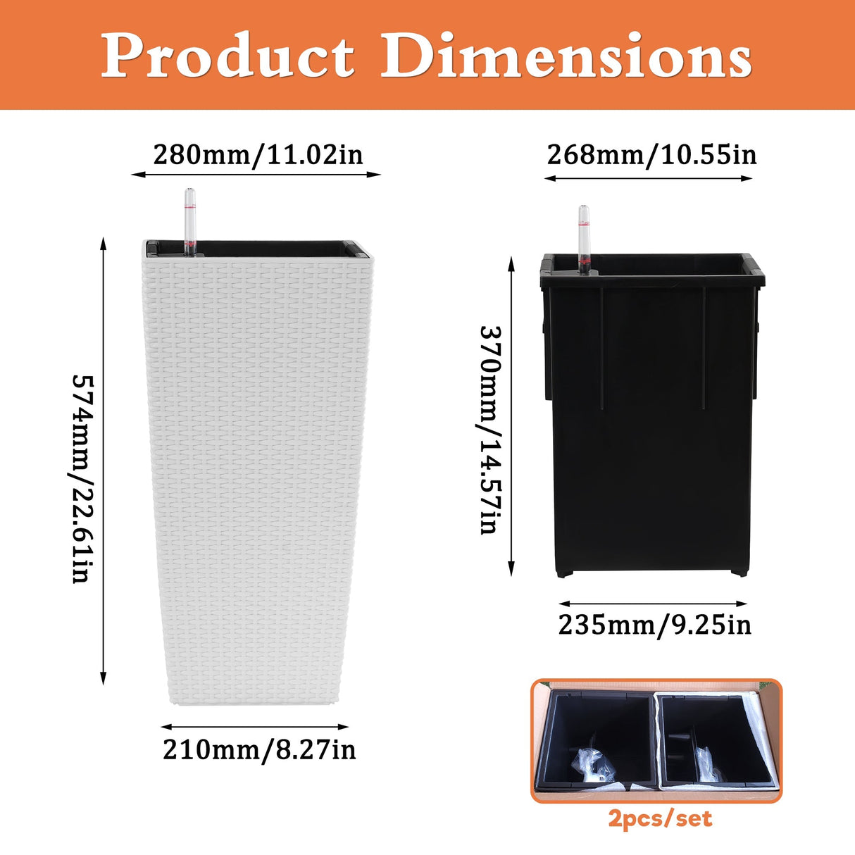 Pack of 2 Square Planters with Automatic Watering System - 22 Inch