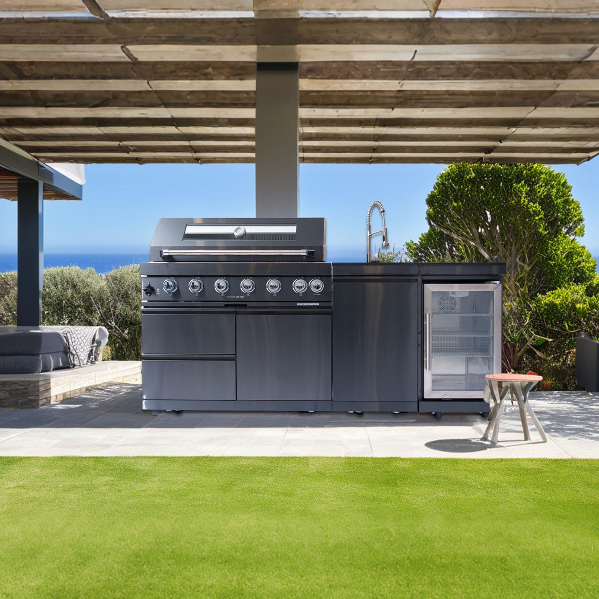 6 Burner 85,000 BTU Outdoor Kitchen Island Grill with Wine Cooler Refrigerator, Rotisserie Kit, Granite Countertops &