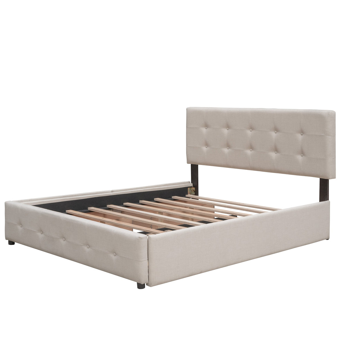 Upholstered Platform Bed with 2 Drawers and 1 Twin XL Trundle, Linen Fabric, Queen Size - Dark Beige(OLD SKU :LP100314AAA)
