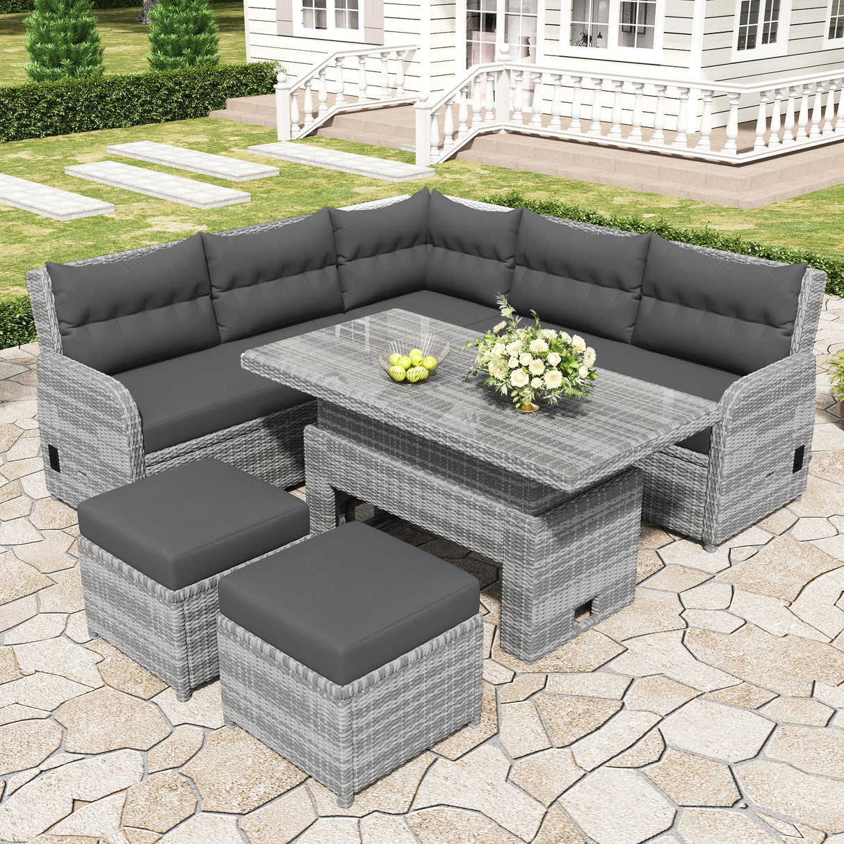 Outdoor Furniture Set Patio Rattan Furniture with Adjustable Table, Recliners, Side Tables, Ottomans