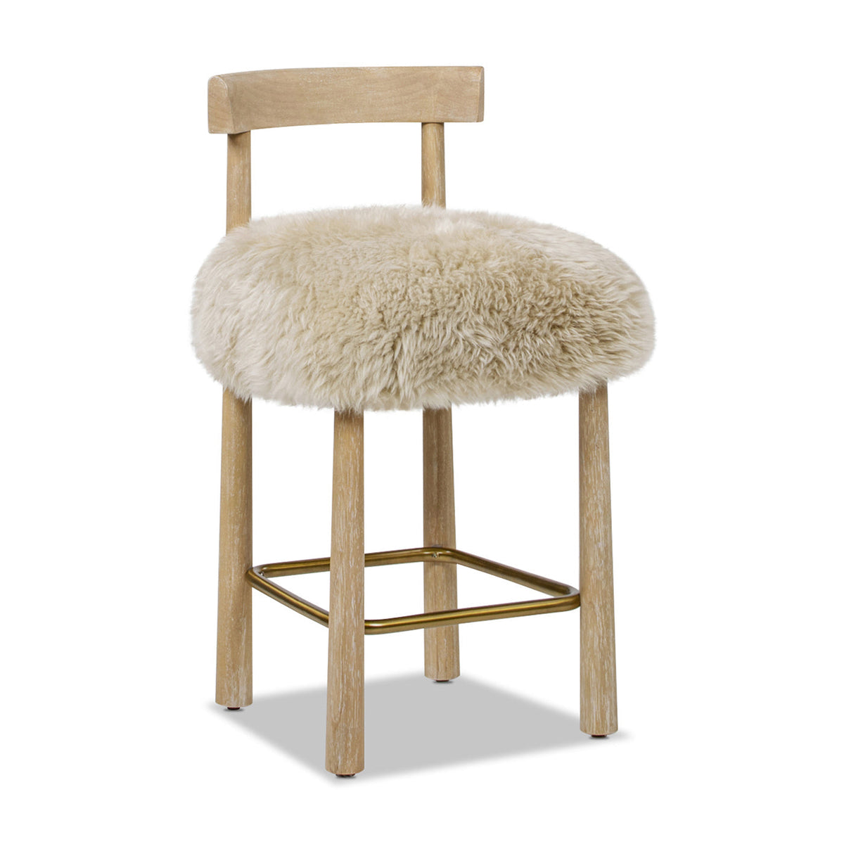 Genuine Fur Counter Height Bar Stool with Brass Footrest - Light Wood