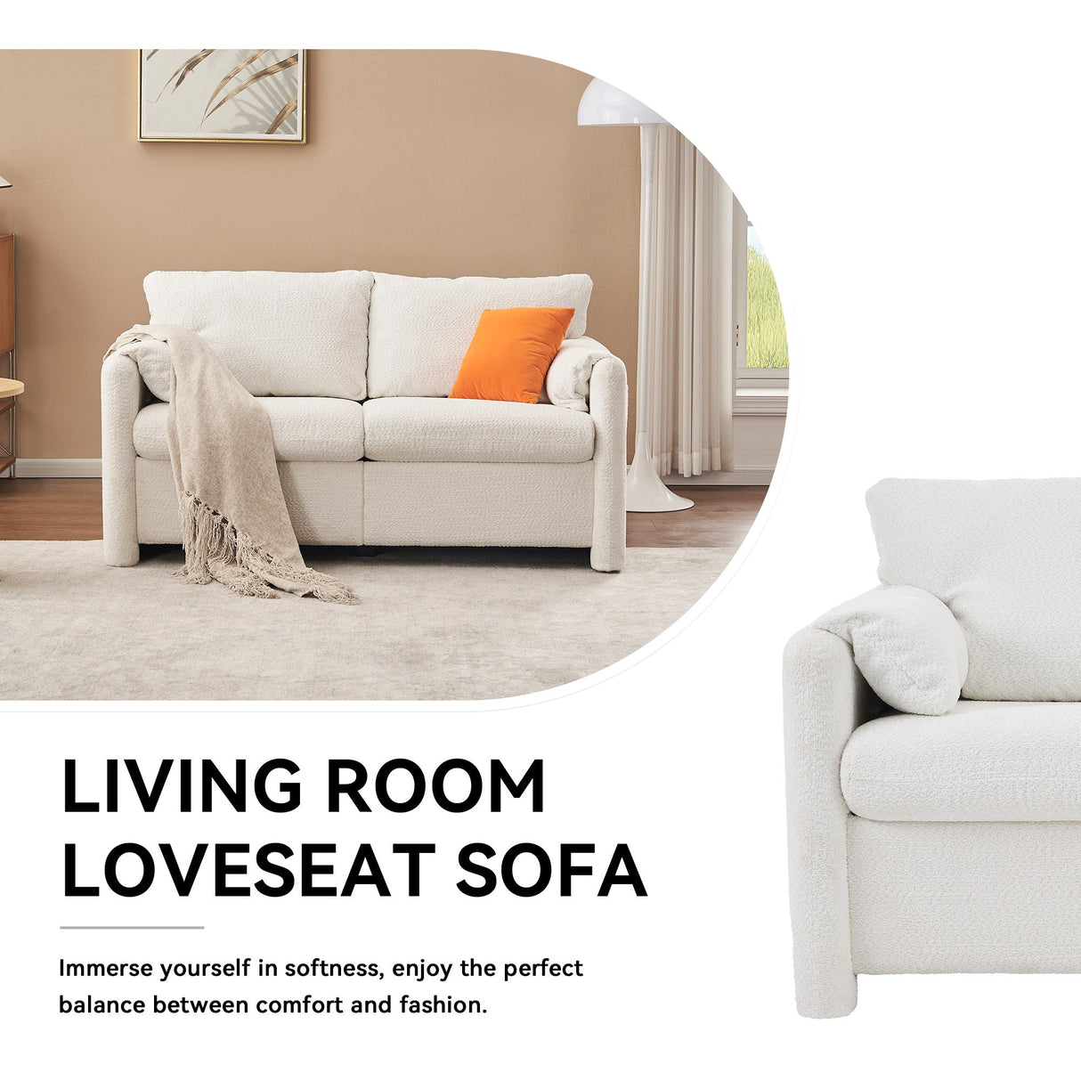 Modern Loveseat Sofa 2-Seater - Plush Chenille Fabric Ivory White