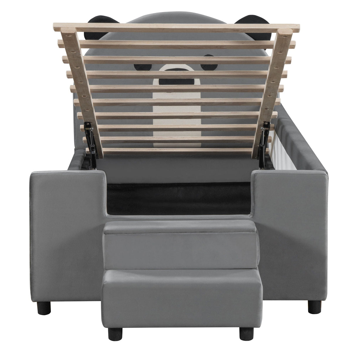 Upholstered Daybed With Bear Shaped Headboard, Hydraulic System And Breathable Fence