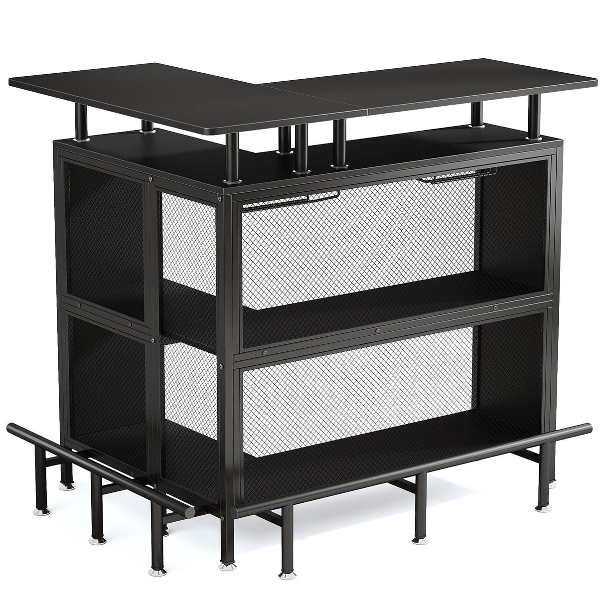 L Shaped Home Mini Bar Table With 2 Tier Shelves & Glass Racks - Black