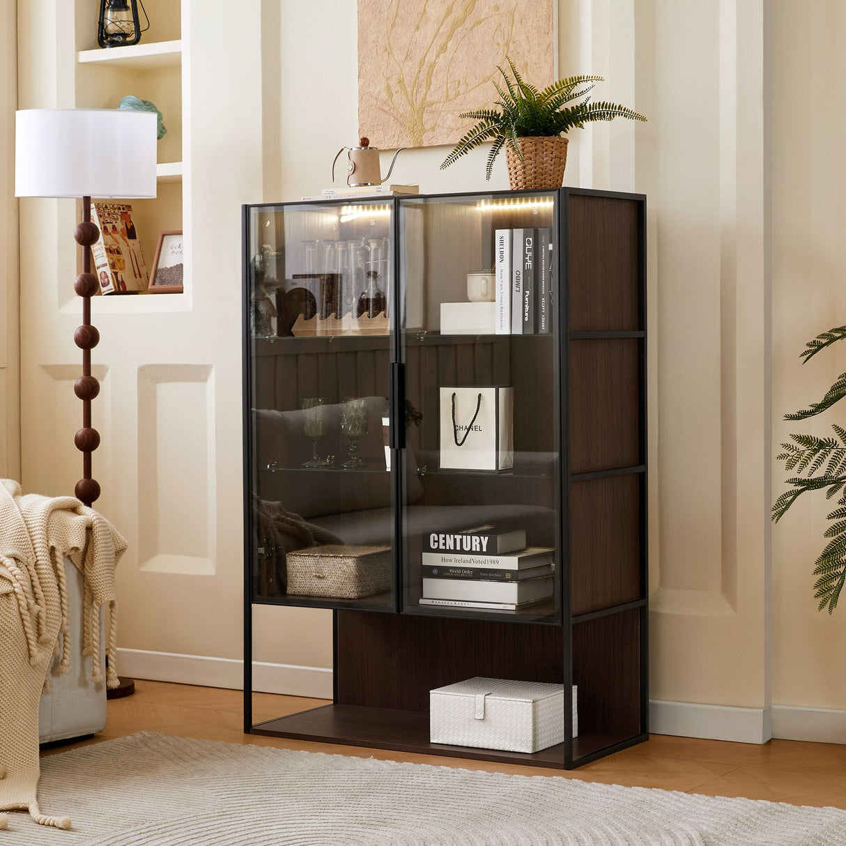 Modern Minimalist Tall Lighted Display Cabinet With Tempered Glass Door - Black / Dark Walnut
