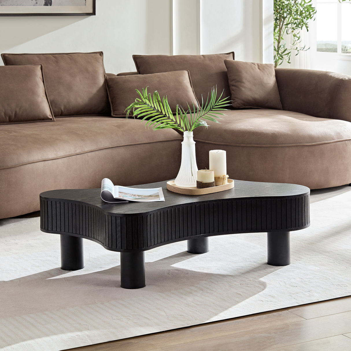 42.52 Inch Modern Wooden Handcraft Drum Coffee Table, Black