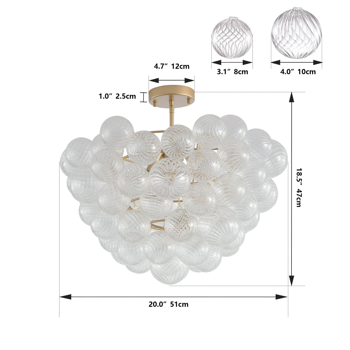 20-Inch Gold Ceiling Pendant Light with Threaded Clear Glass Globe Shade – Ideal for Living RoomDining RoomKitchen (Non Adjustable HeightNo Bulbs)