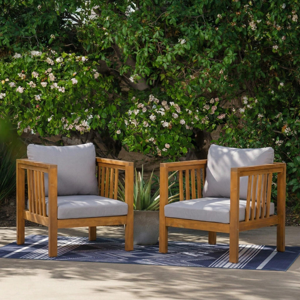 Set of 2 Outdoor Acacia Wood Club Chairs with Modern Square Arms