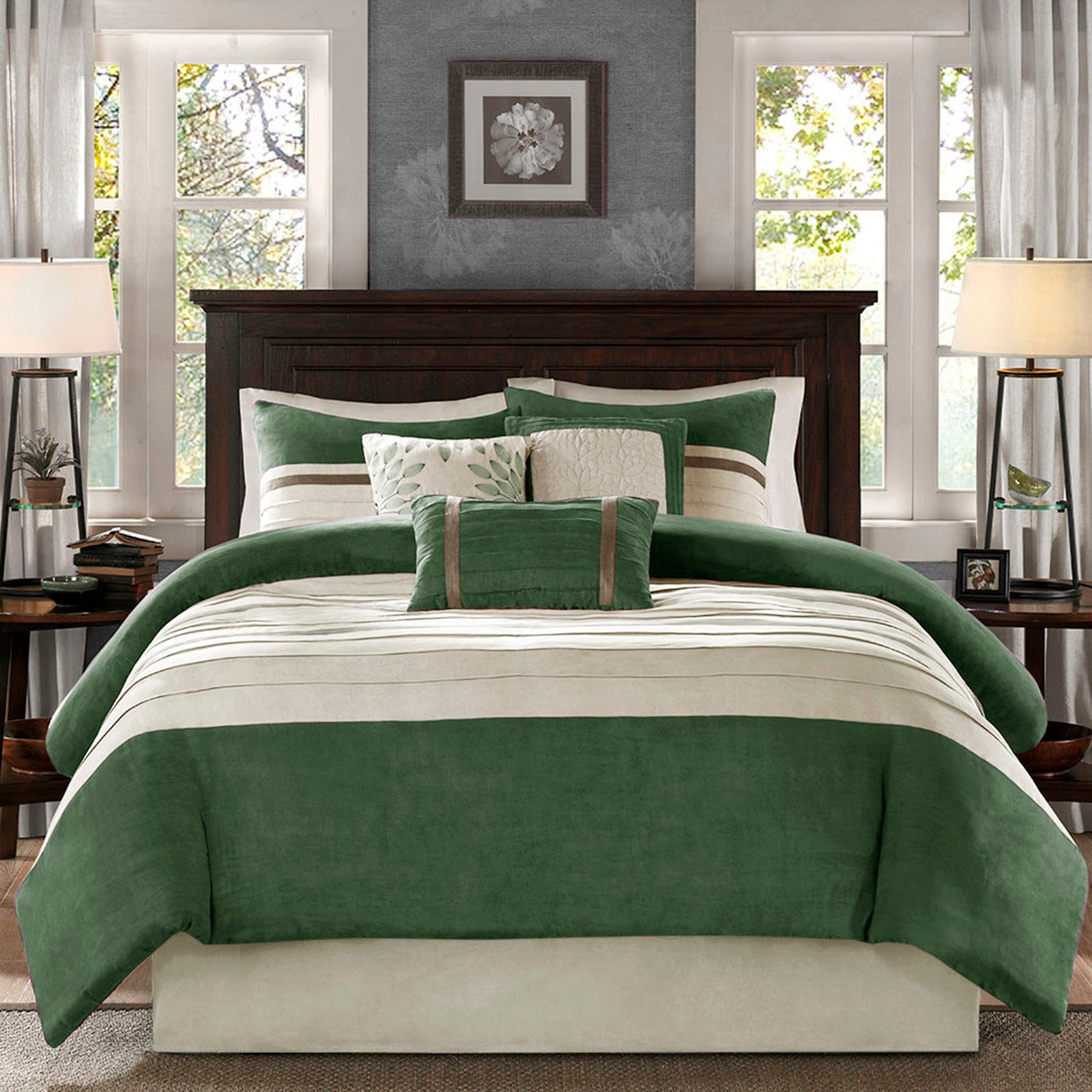 7 PC Faux Suede Comforter Set Green Queen