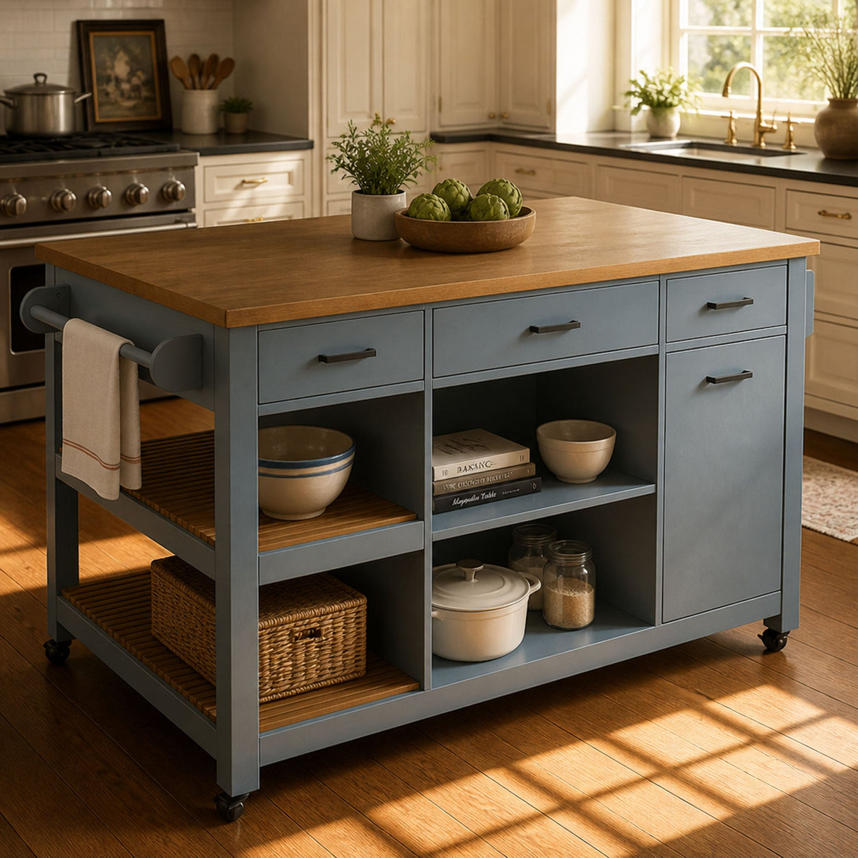 52" Kitchen Island Cart with Rubber Wood Top