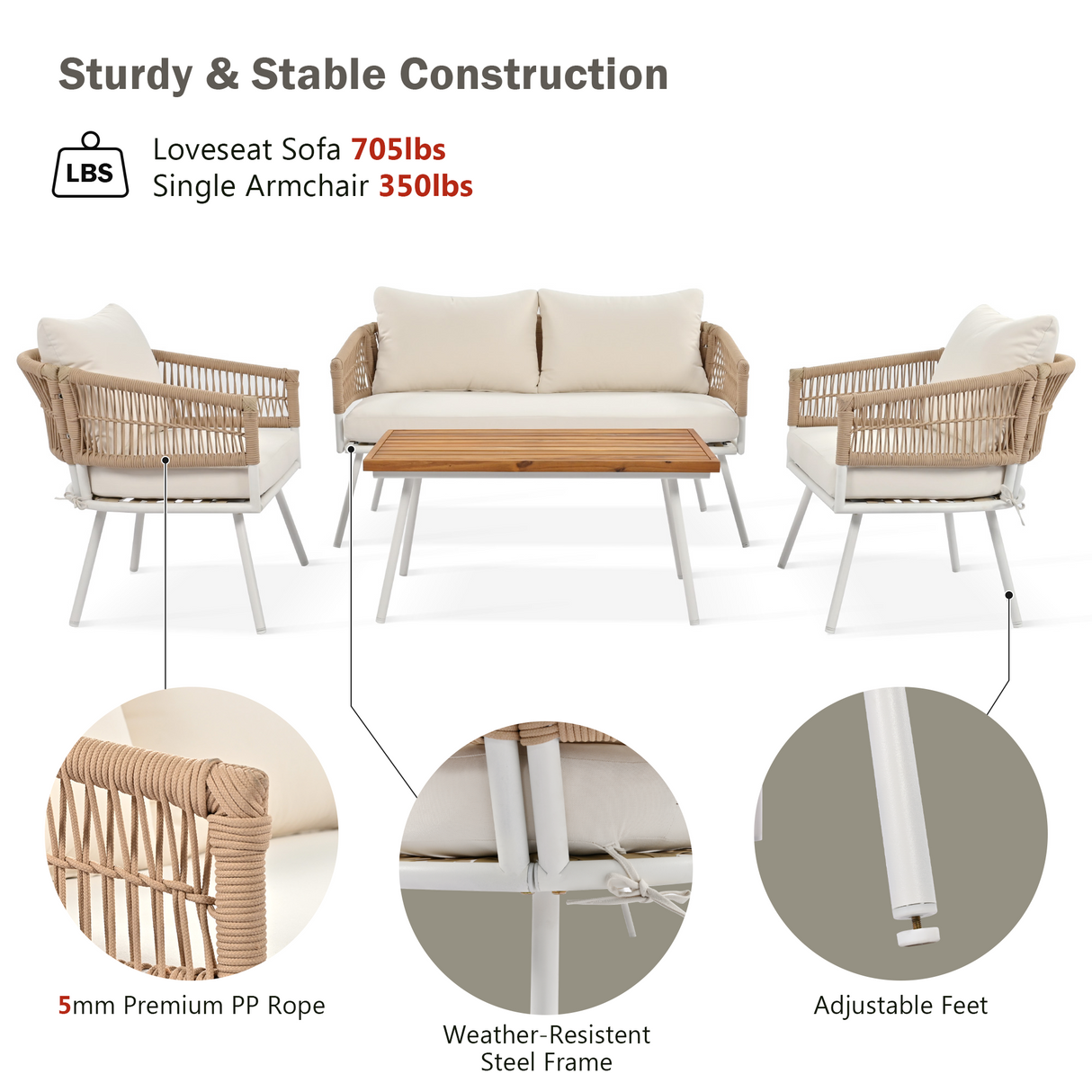 K&K 4-Piece Boho Rope Patio Furniture Set