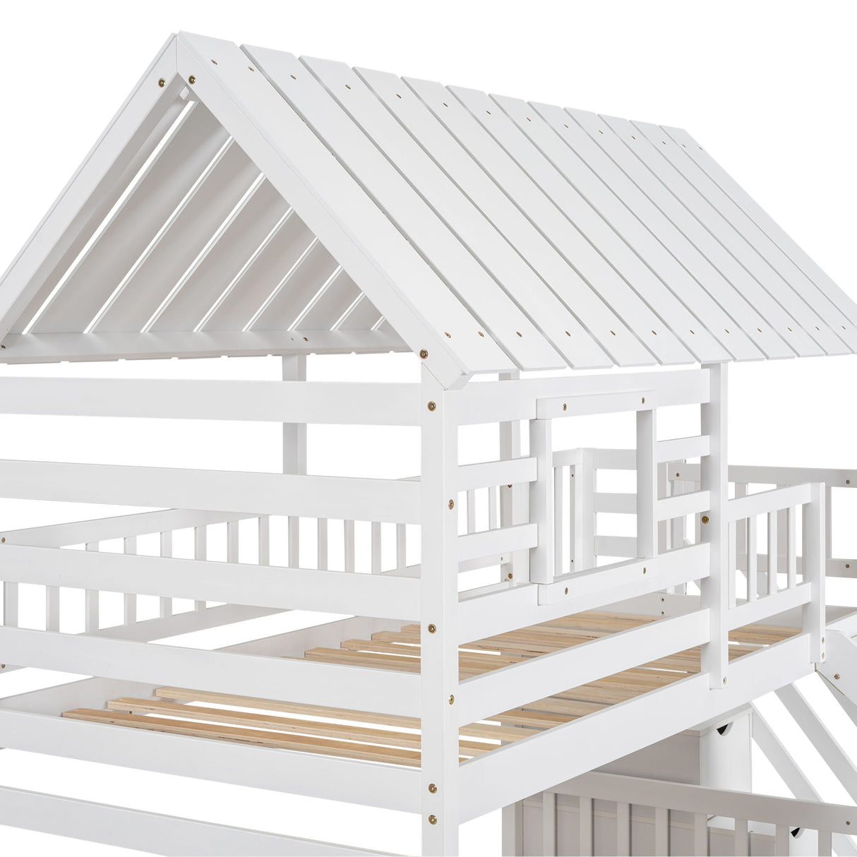 House Bunk Bed With Trundle, Storage Staircase, Roof And Window Design