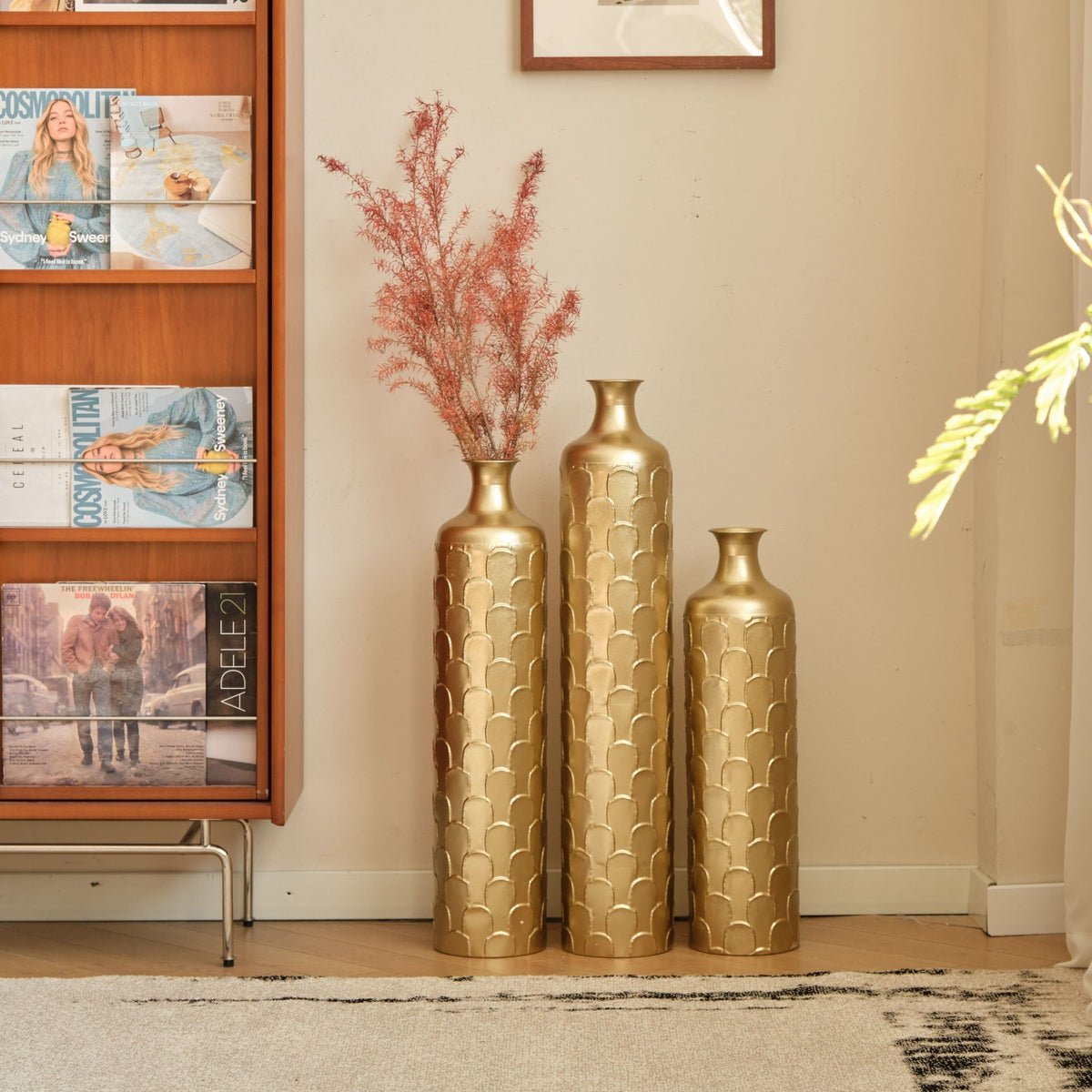 Floor Metal Vases Decorated White Metal Vases (Set of 3) Gorgeous Home Decoration Large Glazed Metal Vases - Golden