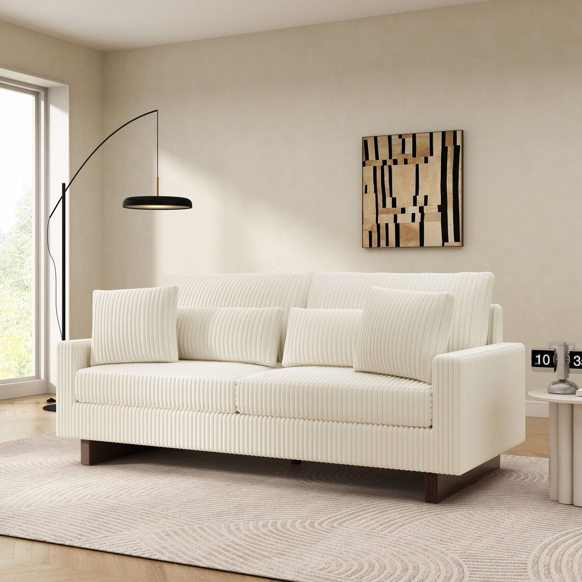 Modern Loveseat Sofa with 4 Pillows - Fabric Upholstery - Beige, Black, or Dark Gray