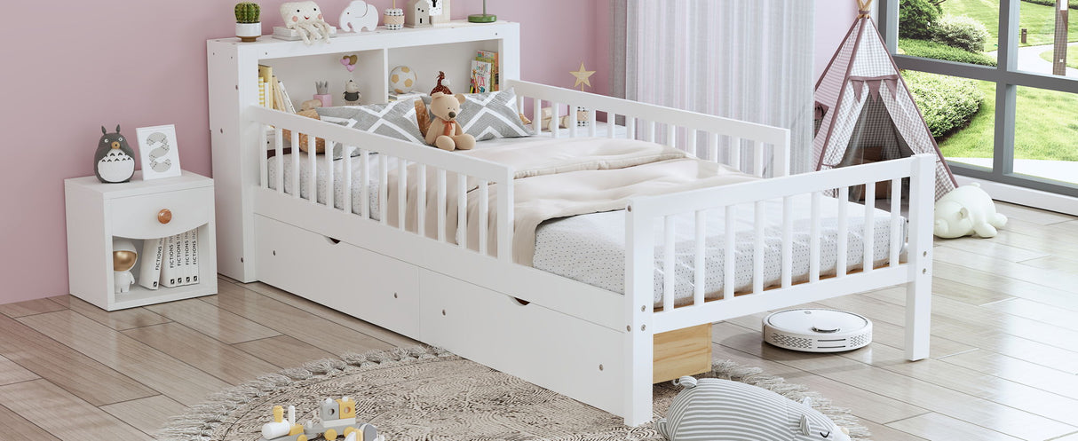 Bed With Headboard Storage Rack, 2 Under Bed Drawers, 3 Side Guardrails For Safety