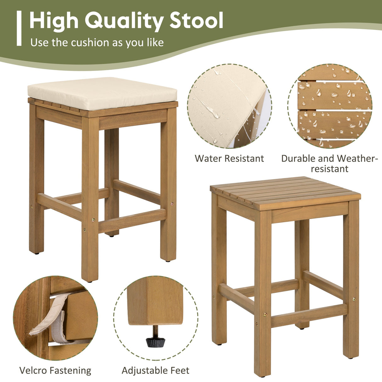 5 Piece Outdoor Bar Set with Acacia Wood Table and Cushioned Stools