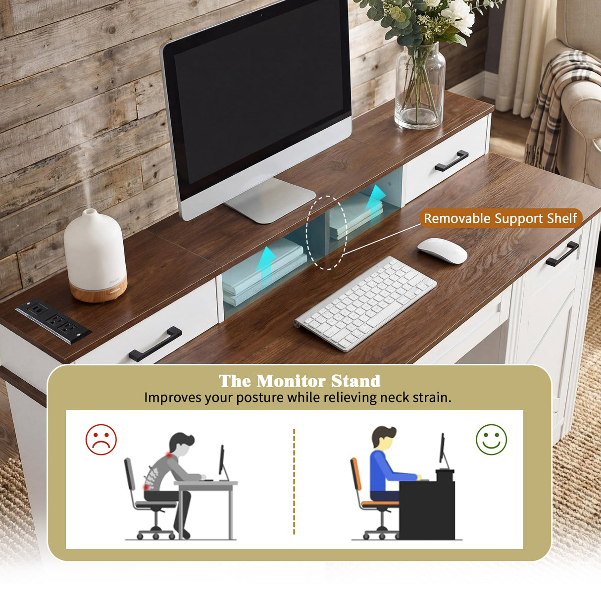 55" Farmhouse Office Desk with Storage Cabinet & Charging Station
