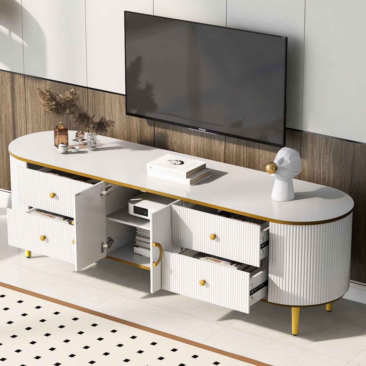 Modern TV Stand For TVs Up To 80", Entertainment Center With 4 Drawers And 1 Cabinet, Wood TV Console Table With And Handles For Living Room - White