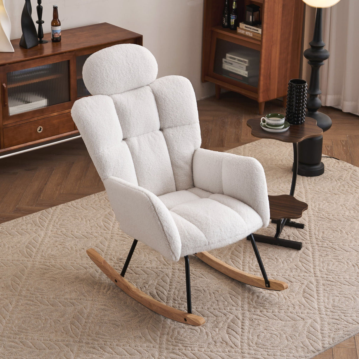 Contemporary Teddy Fabric Upholstered Nursery Rocking Glider Chair with High Backrest and Pillow
