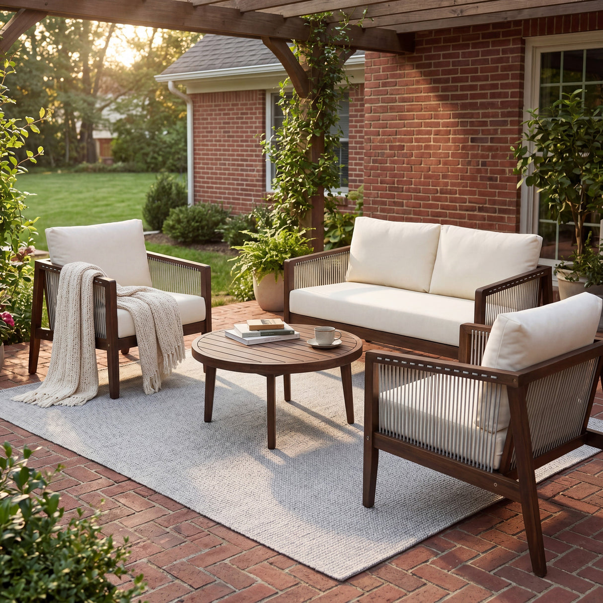 Outdoor 4-Piece Sofa Set, Acacia Wood Frame with Rope Detail