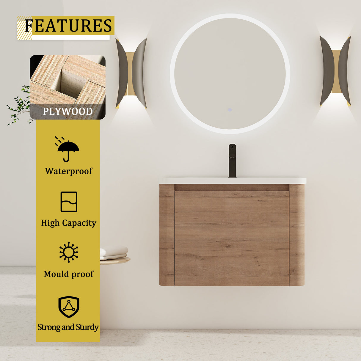 52" Wall-Mounted Bathroom Vanity with Ceramic Sink