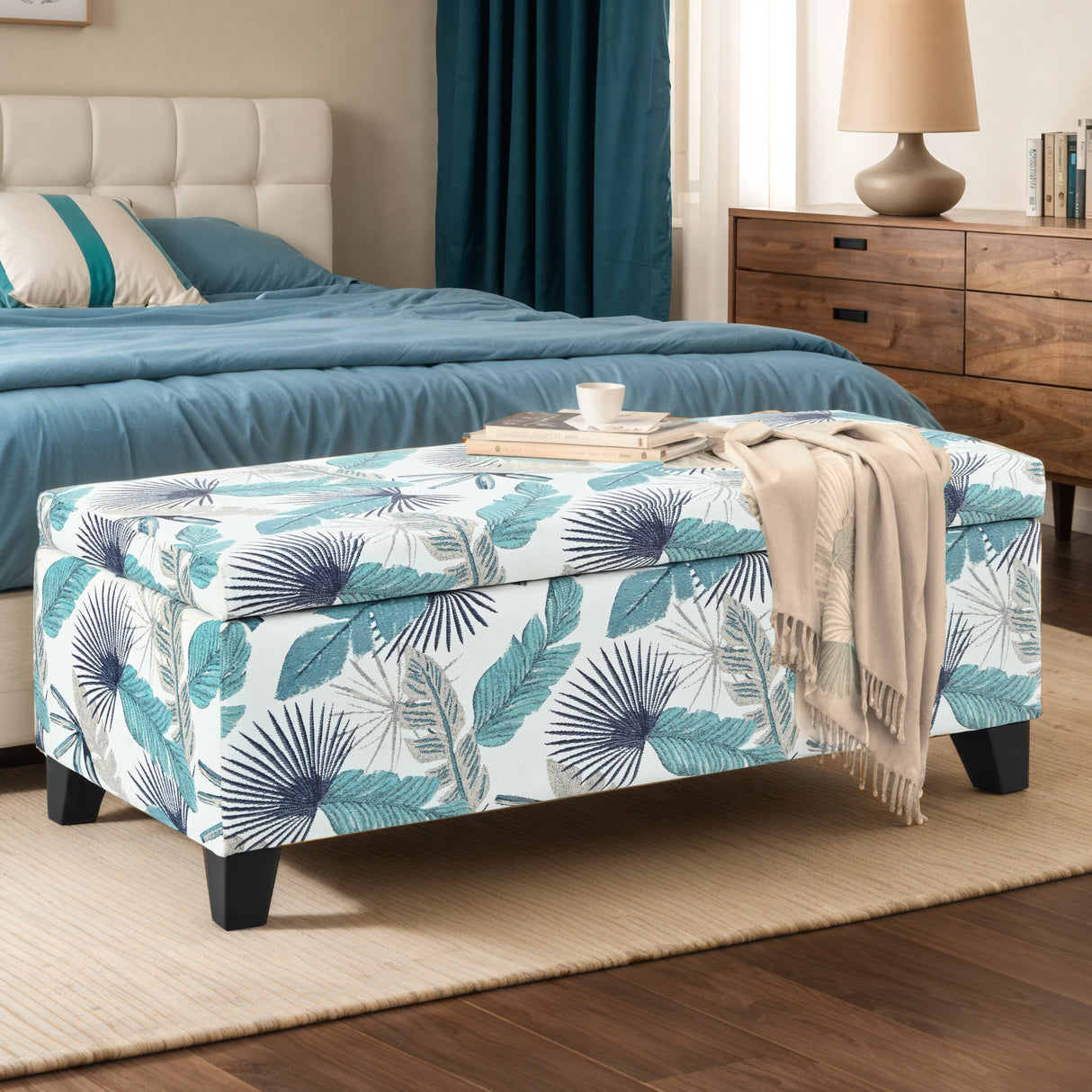 Charming-Floral-Storage-Ottoman-with-Upholstered-Fabric-and-Wood-Frame,-38.75'-Length-Storage-Benches-&-Ottomans