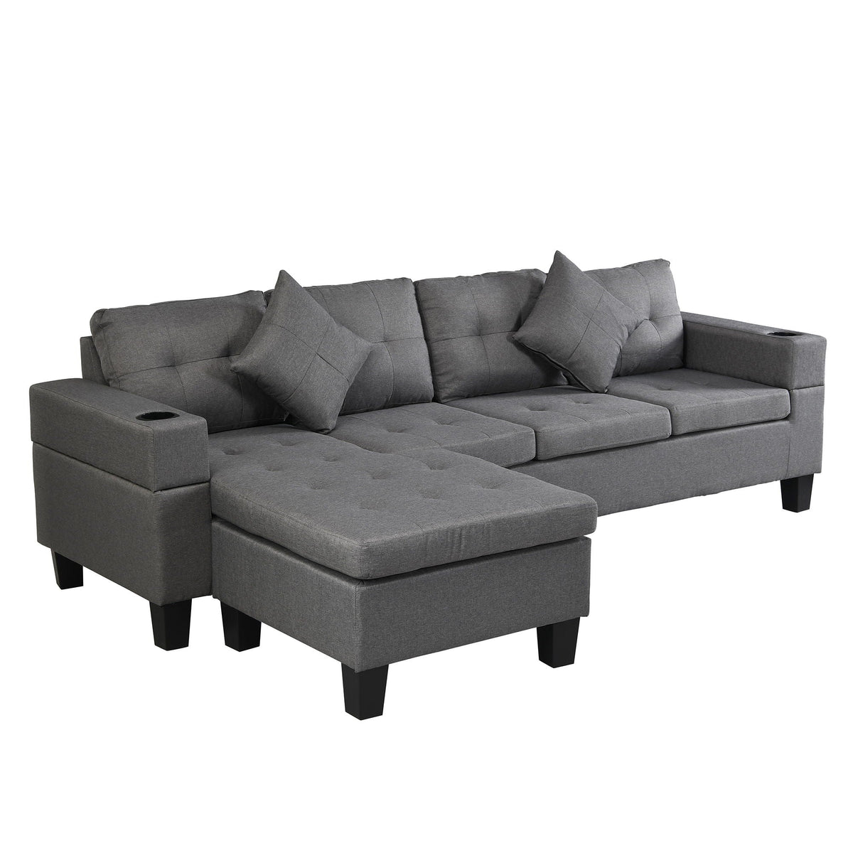Modern Sectional Sofa Set With L Shape Chaise Lounge, Cup Holder, 4 Seat - Gray