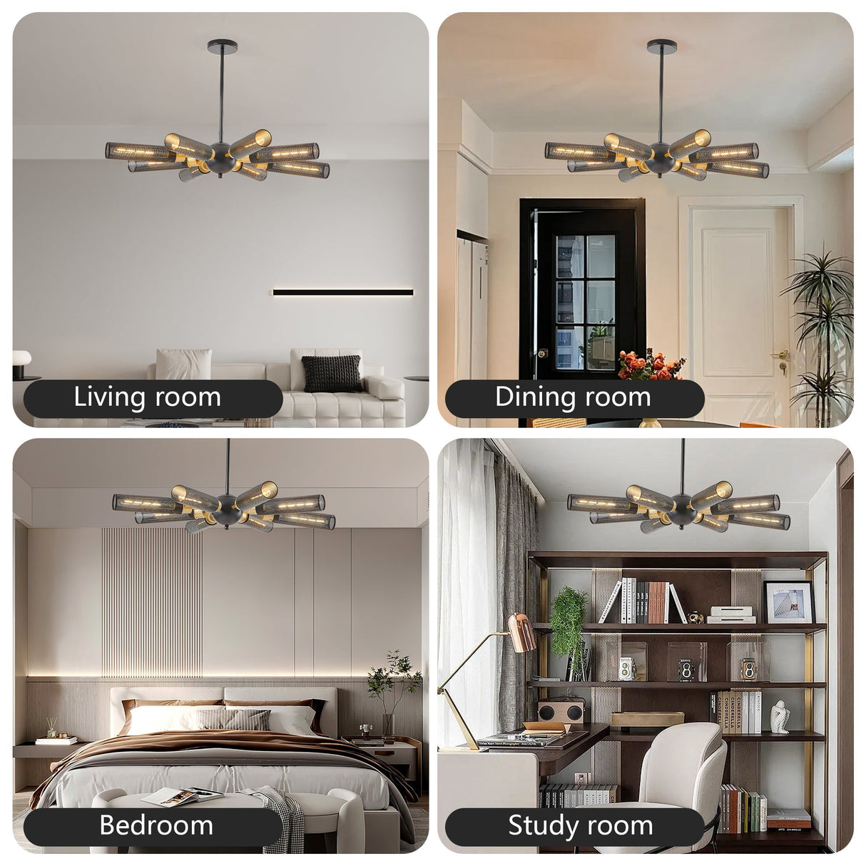 34" Modern Industrial Sputnik Chandelier 8-Light Black and Gold Metal Pendant Light