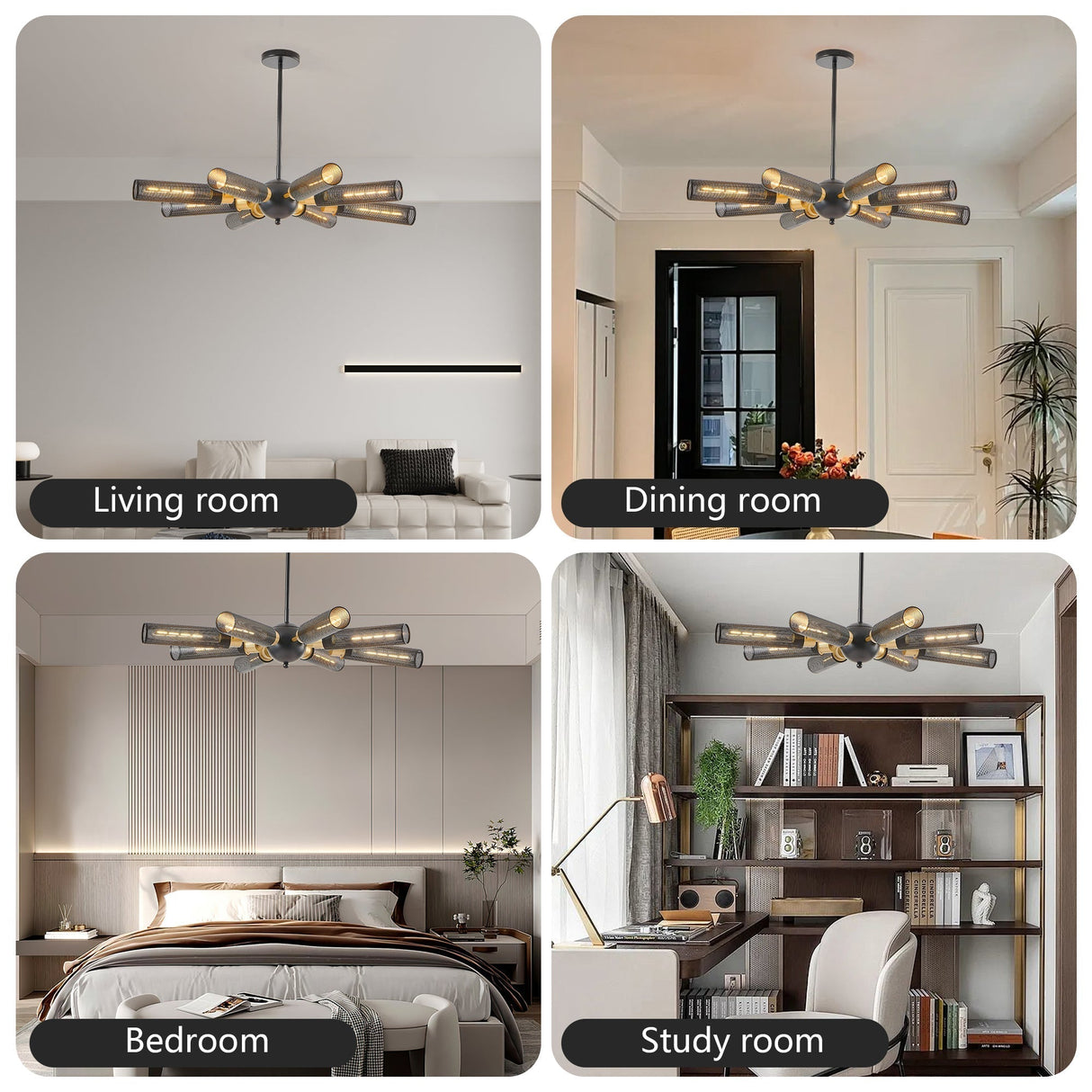 34" Modern Industrial Sputnik Chandelier 8-Light Black and Gold Metal Pendant Light