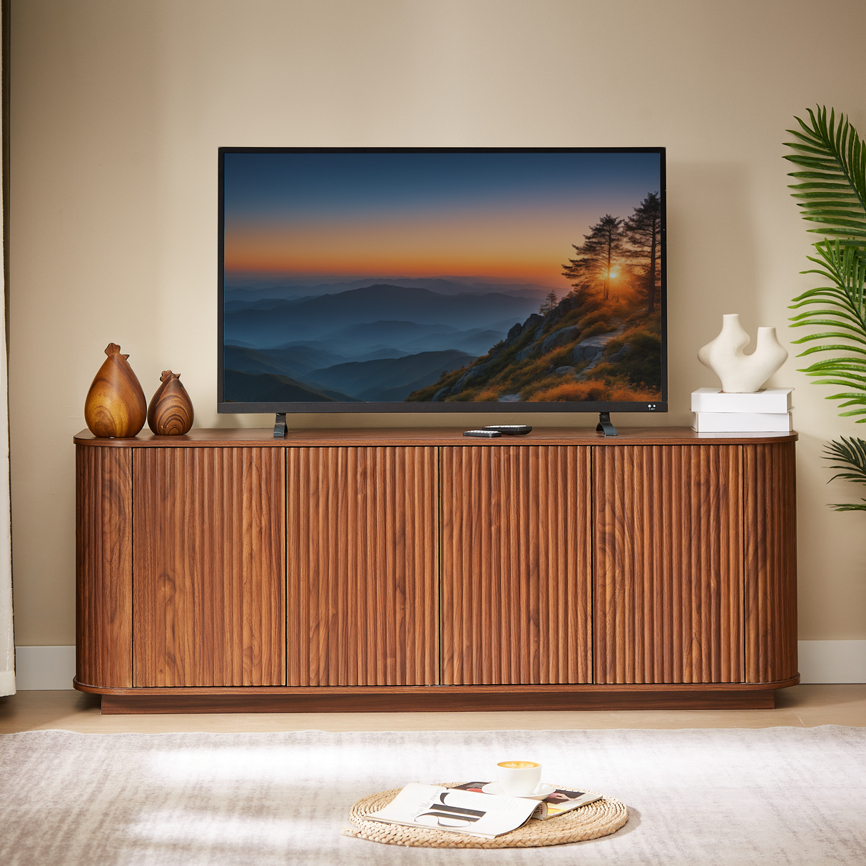 Sideboard Storage Cabinet TV Stand with Wave Pattern in Walnut