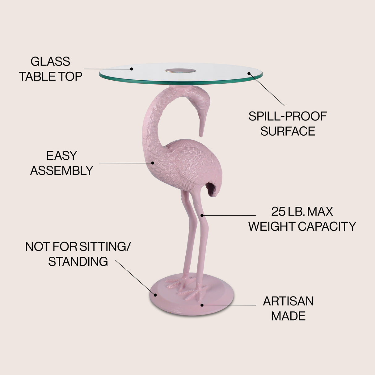 Blanche 25" Classic Mid-Century Glass Top Flamingo End Table, Pink