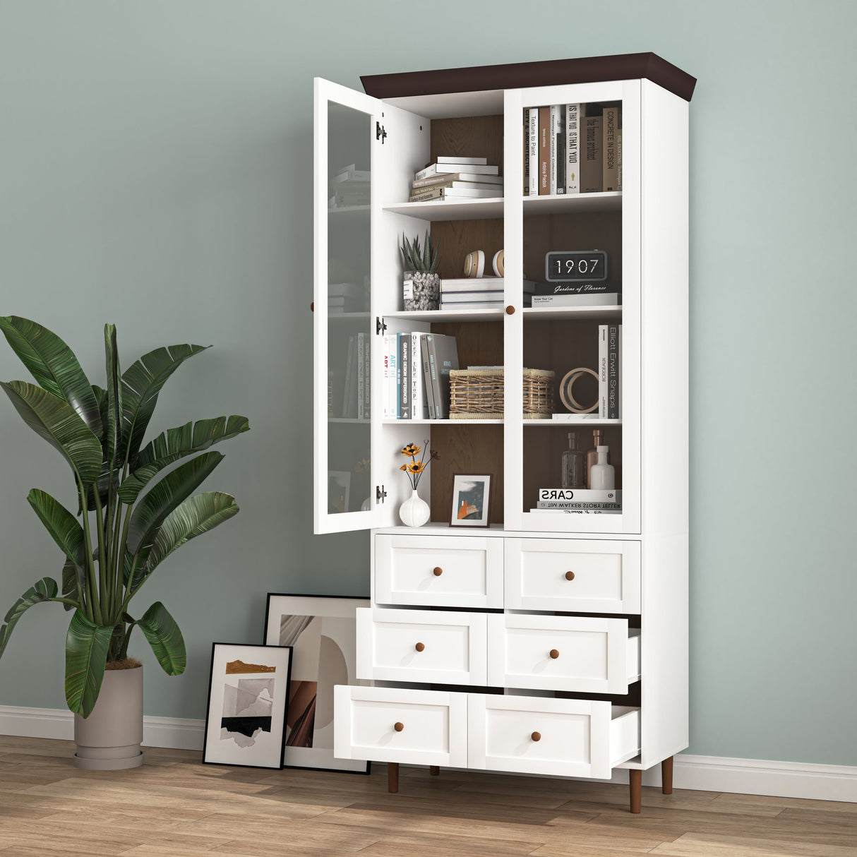 White MDF Display Storage Cabinet with Glass Doors and Adjustable Shelves