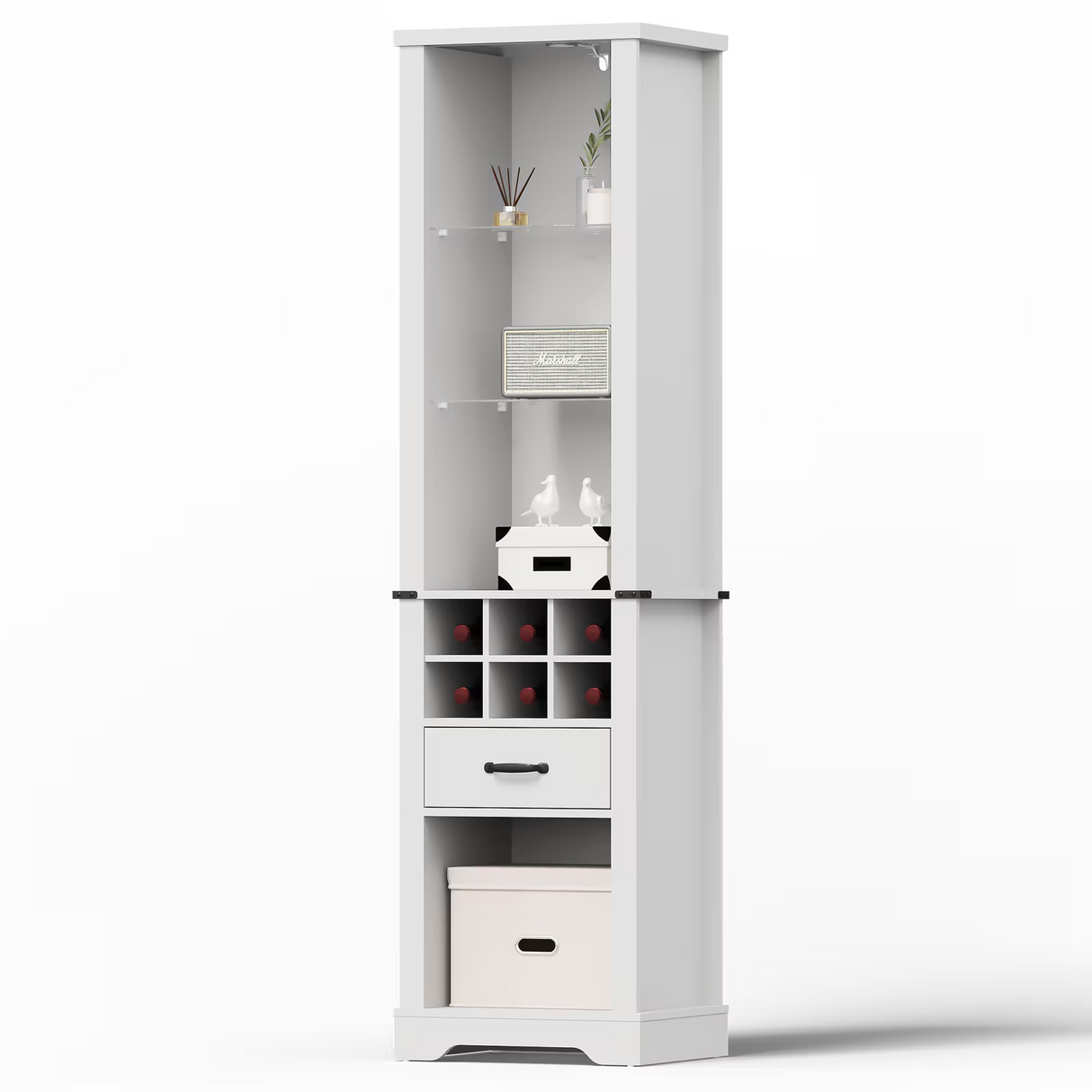 75'' Tall Storage Cabinet with LED Light, Farmhouse Style