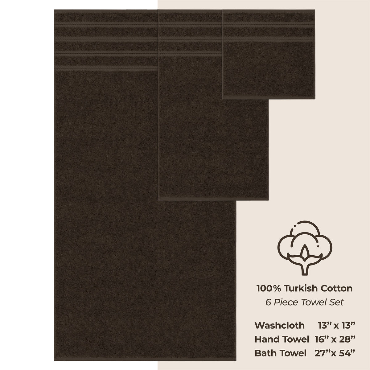 6 Piece 100% Cotton Turkish Bulk Bath Towels - Wholesale Premium Towel Sets - 10 Set Case Pack