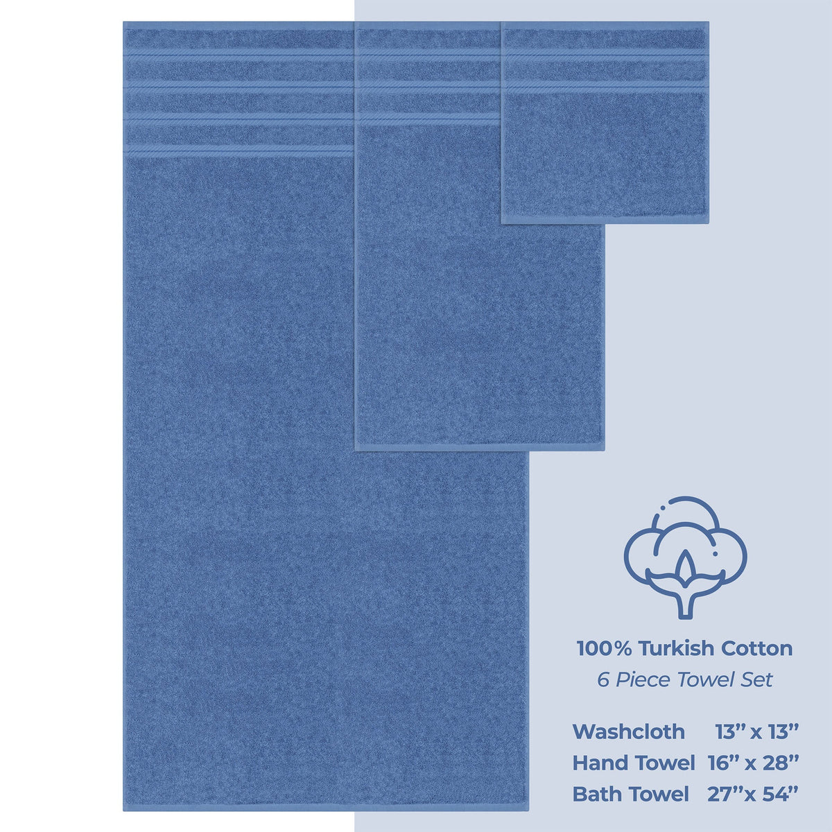 6 Piece 100% Cotton Turkish Bulk Bath Towels - Wholesale Premium Towel Sets - 10 Set Case Pack