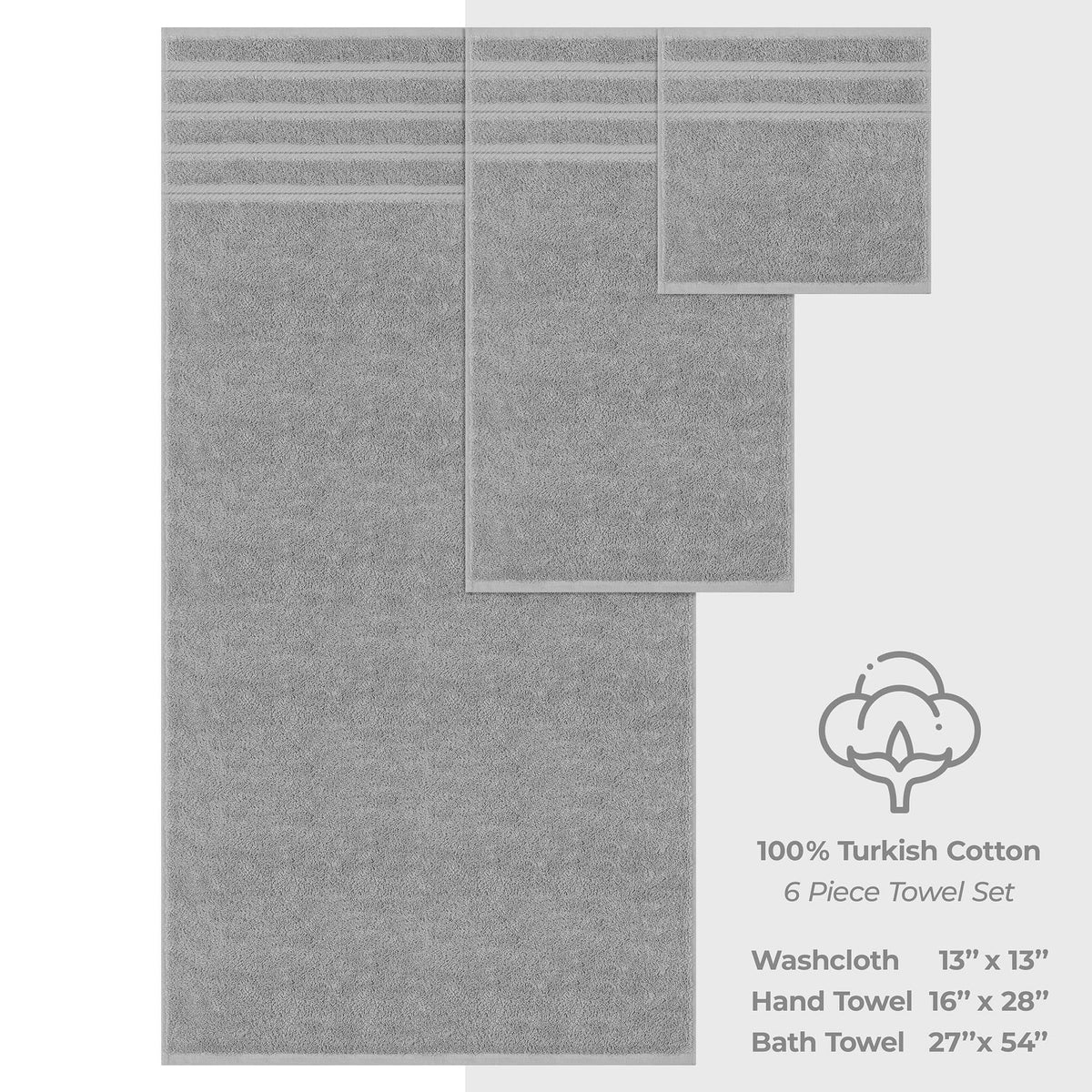 6 Piece 100% Cotton Turkish Bulk Bath Towels - Wholesale Premium Towel Sets - 10 Set Case Pack