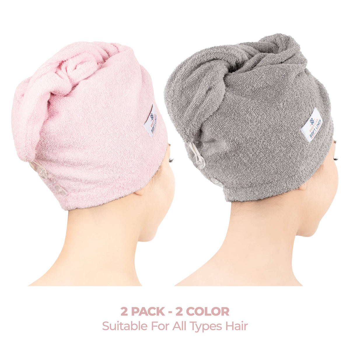 American Soft Linen 100% Cotton Hair Drying Towels for Women, 2 Pack Head Towel Cap - 75 Set Case Pack