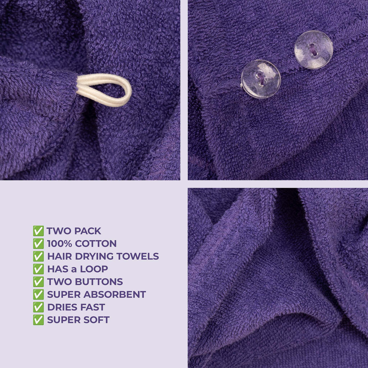 American Soft Linen 100% Cotton Hair Drying Towels for Women, 2 Pack Head Towel Cap - 75 Set Case Pack